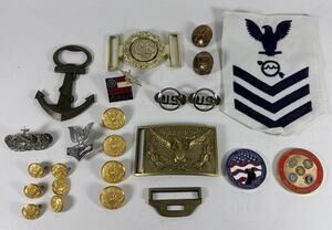 Lot of Military Pins Coins Insignia Belt Buckles Buttons & More